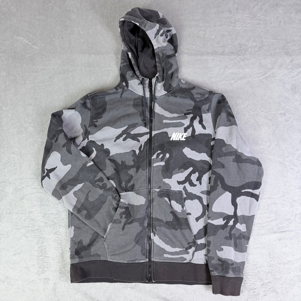 Nike Camo Full Zip Hoodie Gray Black Camouflage Fleece Jacket Mens XL 545249-021
